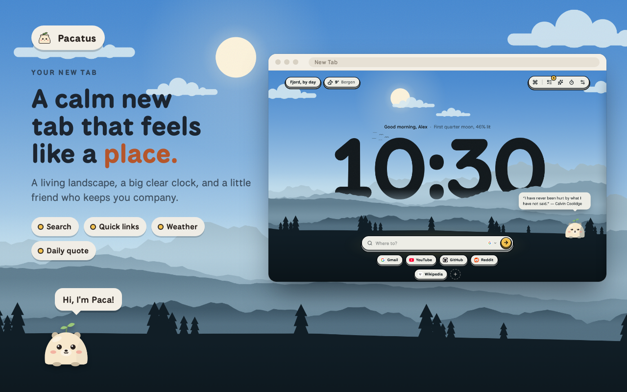 The Pacatus new tab: a big clock over a misty mountain landscape, with search and quick links